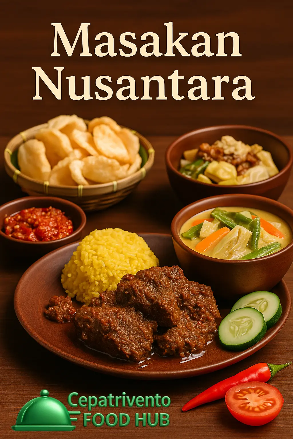 Hidangan khas Indonesia seperti rendang, nasi kuning, sayur lodeh, dan gado-gado disajikan dalam piring tradisional di atas meja kayu.